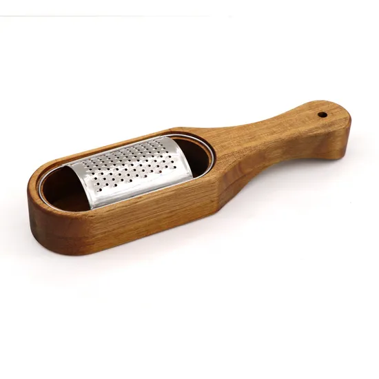 Rallador de queso de acero inoxidable con caja de madera para queso, cebolla, ajo y jengibre