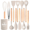 Pinzas giratorias resistentes al calor, espátula, cuchara, cepillo, batidor, utensilios de cocina de silicona, juego de utensilios de cocina con mango de madera
