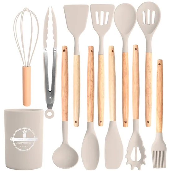 Pinzas giratorias resistentes al calor, espátula, cuchara, cepillo, batidor, utensilios de cocina de silicona, juego de utensilios de cocina con mango de madera