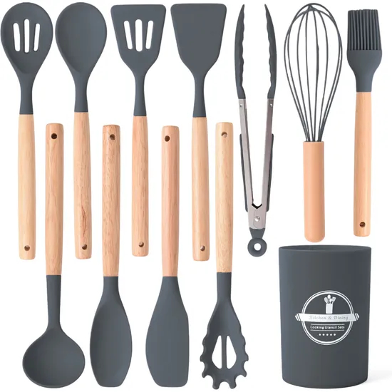 Cuchara al por mayor de la espátula del artículos de cocina del silicón del sistema 12 piezas con las manijas de madera para cocinar