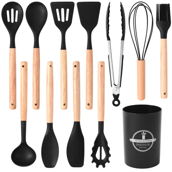 Juego de 12 piezas de accesorios de cocina de silicona, herramientas de cocina, utensilios de cocina con mangos de madera