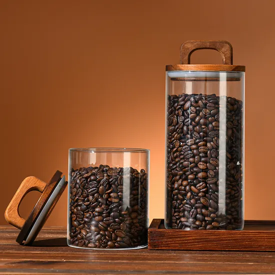 Envases de comida de vidrio funcionales, botellas de almacenamiento de granos de café con tapa de madera de Acacia