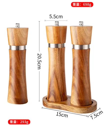 Molinillo de especias manual de madera de Acacia con anillo de acero inoxidable