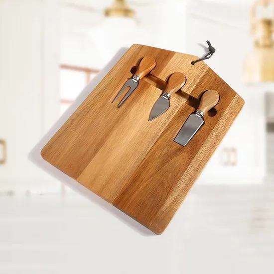 Juego de tabla de quesos de madera de acacia hecha a mano con tenedor, cuchillos y correas de cuero