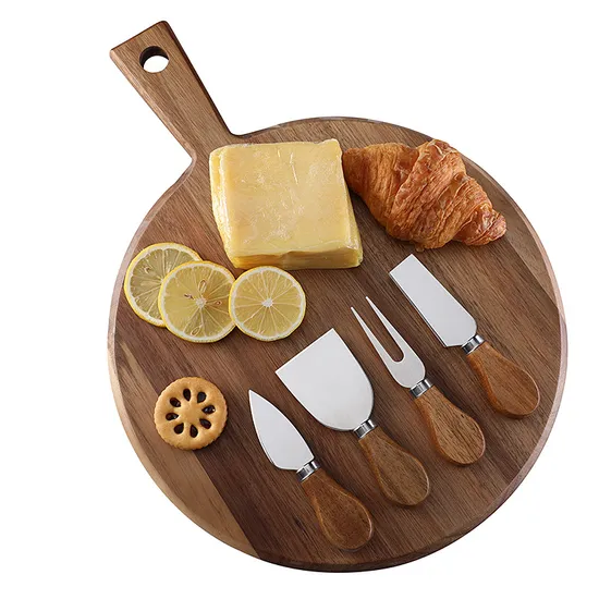 Tabla de servir de queso de aperitivo de charcutería de madera de acacia de forma redonda con asas y cuchillos
