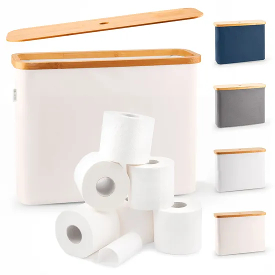 Elegante Almacenamiento de Papel Higiénico de Color Beige para 12 Rollos con Tapa de Bambú