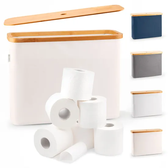 Elegante Almacenamiento de Papel Higiénico de Color Beige para 12 Rollos con Tapa de Bambú
