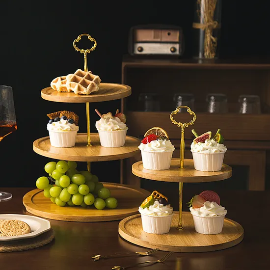 Elegante soporte rústico para tartas de acacia, soporte para servir de 2 niveles para entretenimiento estilo granja
