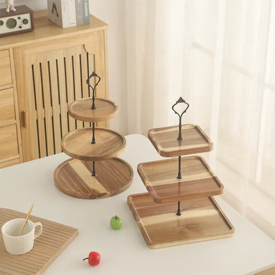 Bandeja para servir de madera de Acacia cuadrada de 3 niveles, soporte de exhibición para tartas para fiesta/boda, 3 uds.