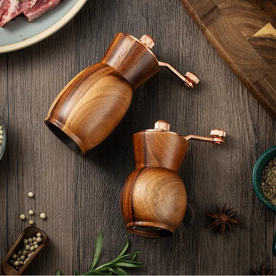 Jarrón molinillo de sal y pimienta de madera de acacia con manivela y bandeja