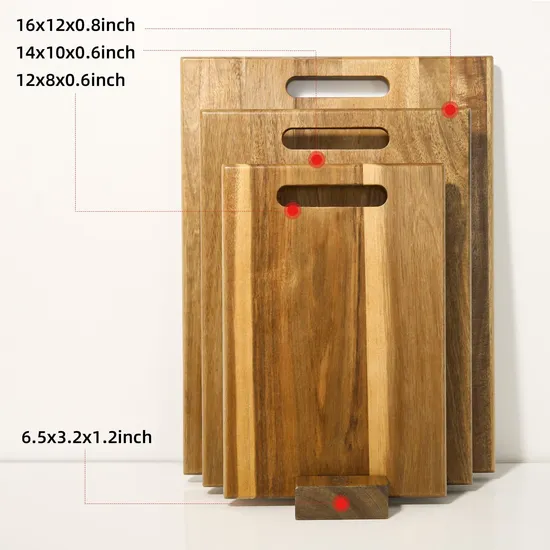 Juego de 3 tablas de cortar de madera de acacia, muy vendidas, con soporte