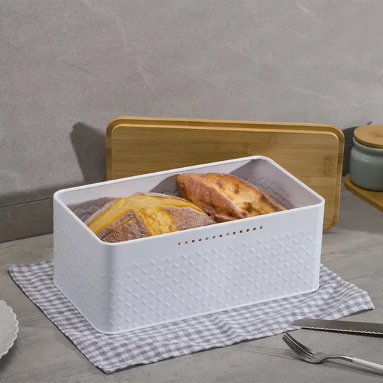 Caja de pan rectangular de Metal, contenedor de almacenamiento de pan con tapa de madera y rejilla