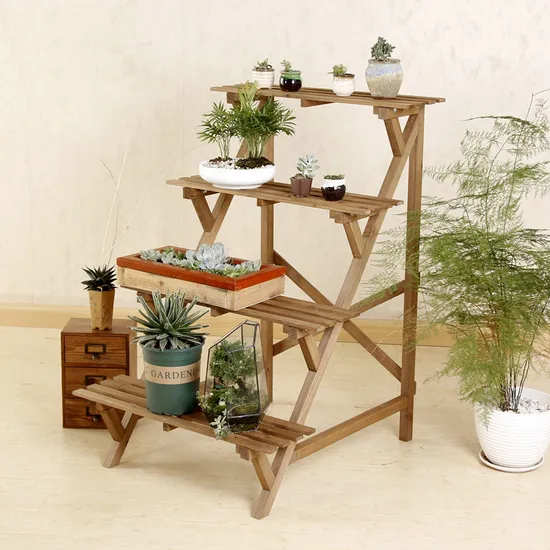 Estante de esquina de 4 niveles de madera maciza estilo escalonado, estante para flores, maceta, soporte para plantas