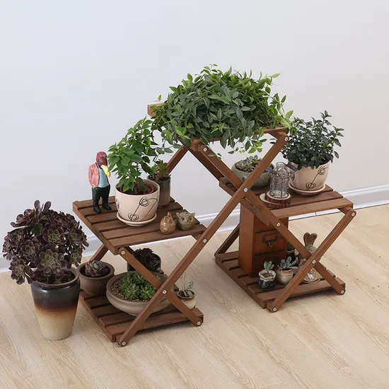 Estante de flores de madera Triangular móvil y plegable, soporte de exhibición para plantas, exterior e interior
