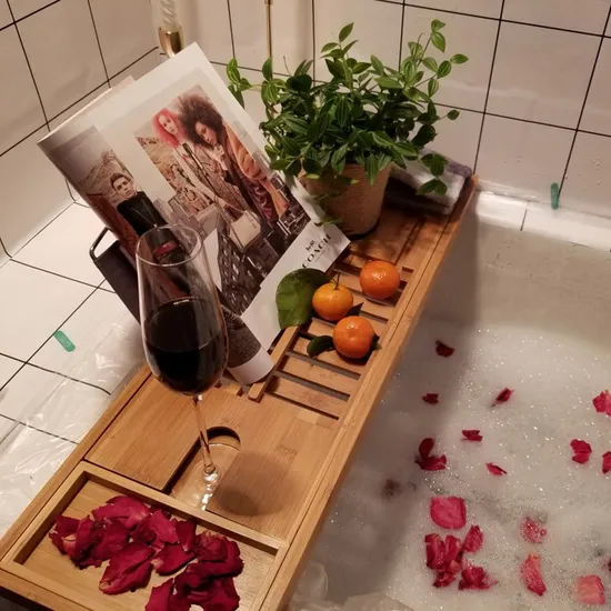 Estante de baño de bambú antideslizante multifuncional retráctil, estante para bañera con soporte para vino tinto