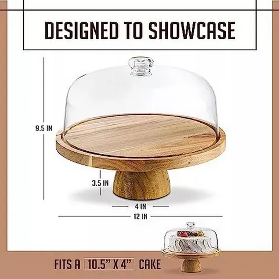Soporte rústico para tartas, cuenco de madera de acacia redondo de doble uso con cúpula de cristal