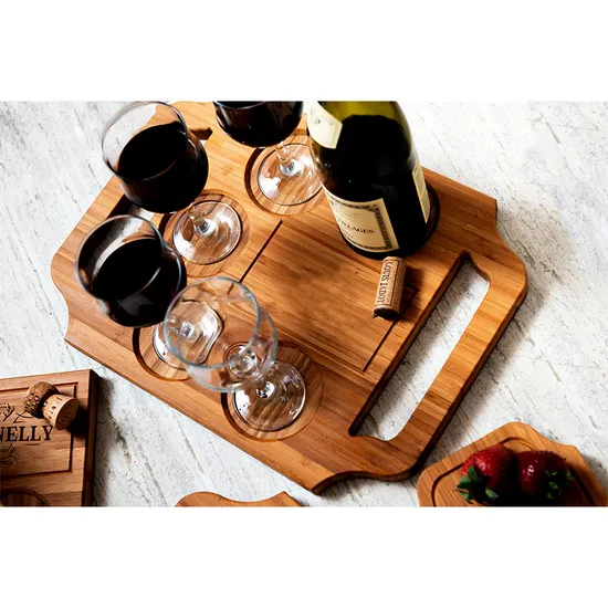 Bandeja de bambú personalizada orgánica para servir tabla de embutidos con copa de vino