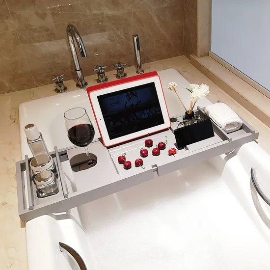 Bandeja de bambú extensible para bañera, color gris, con soporte para libros y vinos