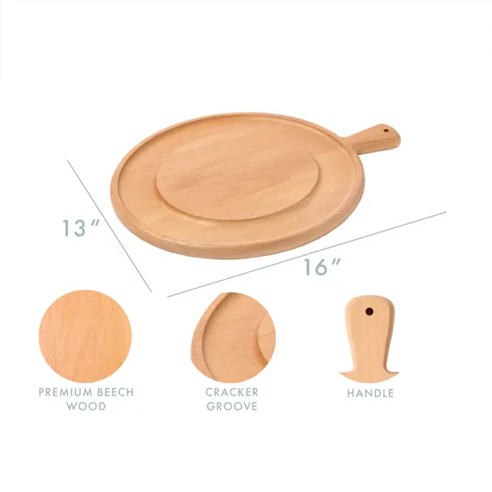 Bandeja redonda para servir tabla de charcutería de madera de haya con asa