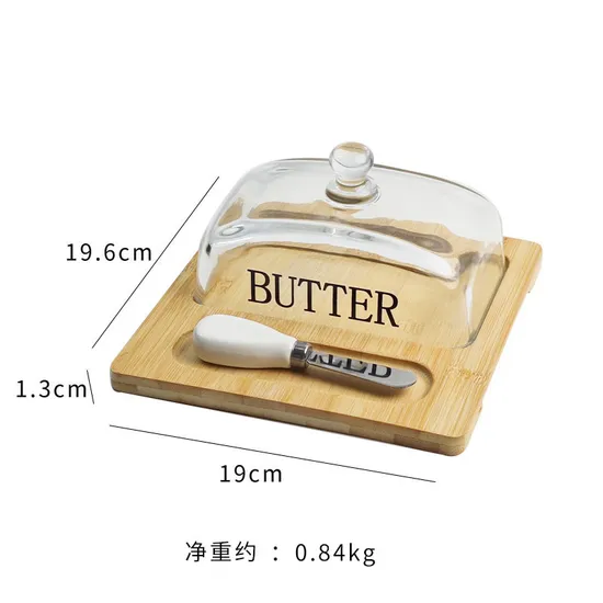 Fabricación de plato de mantequilla de bambú rectangular con tapa de vidrio y cuchillos para queso