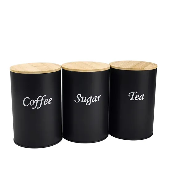 Juego de 3 botes redondos de metal para té, café, azúcar y tapa de bambú