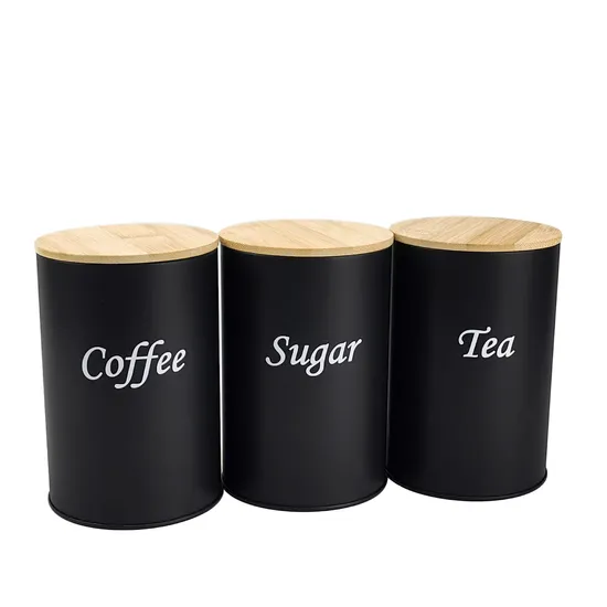 Juego de 3 botes redondos de metal para té, café, azúcar y tapa de bambú