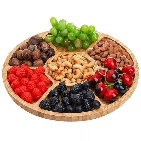 Bandeja de almacenamiento de nueces de bambú, platos para aperitivos con 5 rejillas para comer