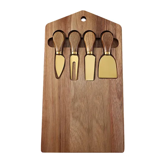 Juego de tabla de quesos de acacia de fabricación con juego de cuchillos de color dorado para colecciones exclusivas
