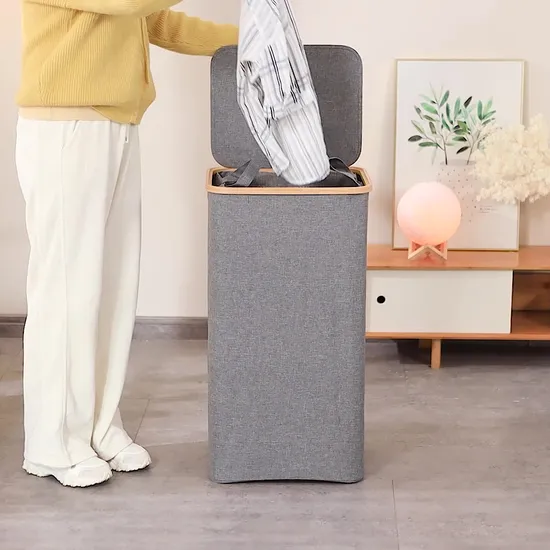 Cesta plegable para la colada de tela circular de bambú, 100L, con bolsa interior, para almacenamiento en el hogar y el baño