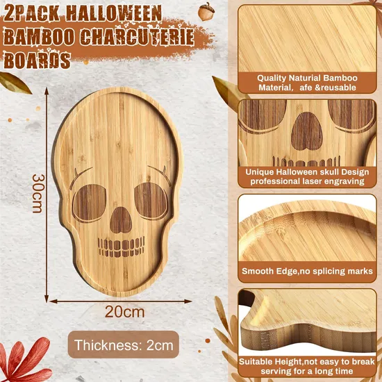 Halloween 2 piezas de bambú con forma de calavera para aperitivos y charcutería, platos para servir para fiesta