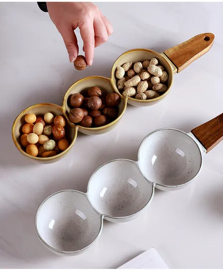 Plato de cerámica creativo para frutos secos y aperitivos de estilo europeo con mango de madera