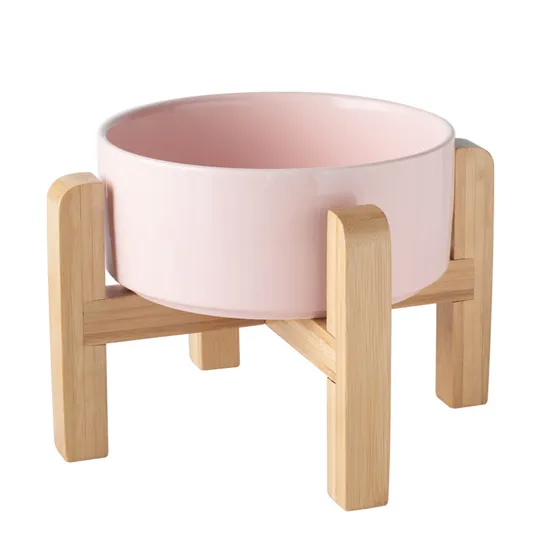 Cuenco de comida para perros y gatos de cerámica con protección para el cuello y rejilla de bambú