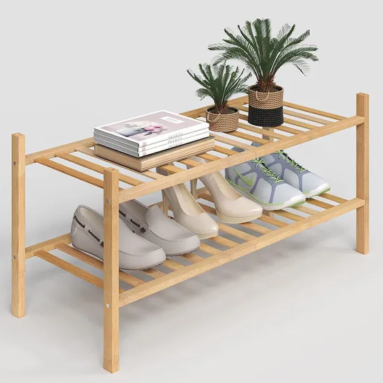 Organizador apilable del almacenamiento del estante del zapato de madera de bambú de 2 niveles para la entrada