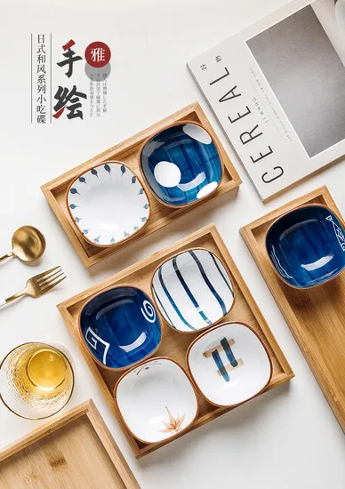 Juego de platos de postre y refrigerios de cerámica elegante con bandeja de madera para servir