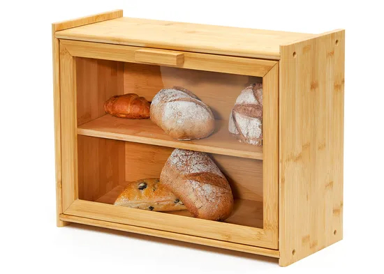 Caja de almacenamiento de pan y pastelería de bambú rectangular transparente para snack