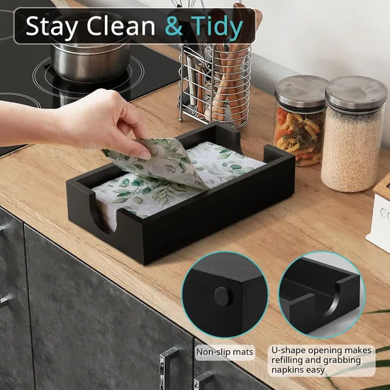 Dispensador de toallas de papel con servilletero de bambú rectangular negro