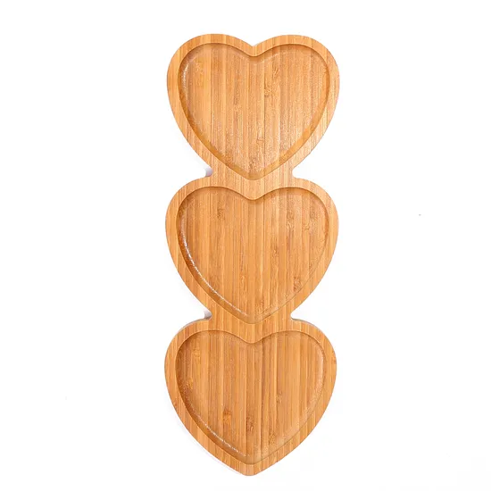 Atractivo 3 platos de bambú divididos en forma de corazón, bandeja de madera para servir comida