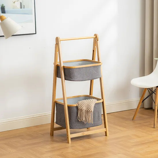 Cesta de lavandería con estante de almacenamiento de tela de bambú de doble capa en forma de A de gran capacidad para baño
