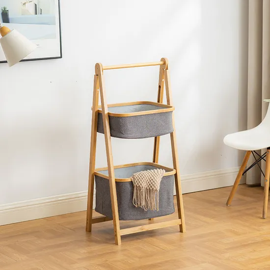 Cesta de lavandería con estante de almacenamiento de tela de bambú de doble capa en forma de A de gran capacidad para baño