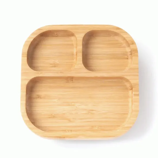 Plato cuadrado de bambú para porciones, platos de madera para bebés con succión