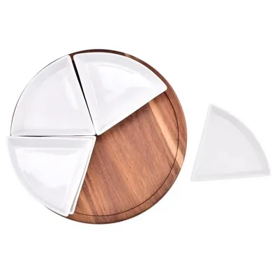 Bandeja redonda de madera de acacia Lazy Susan de 12 pulgadas con 4 tazones de cerámica divididos