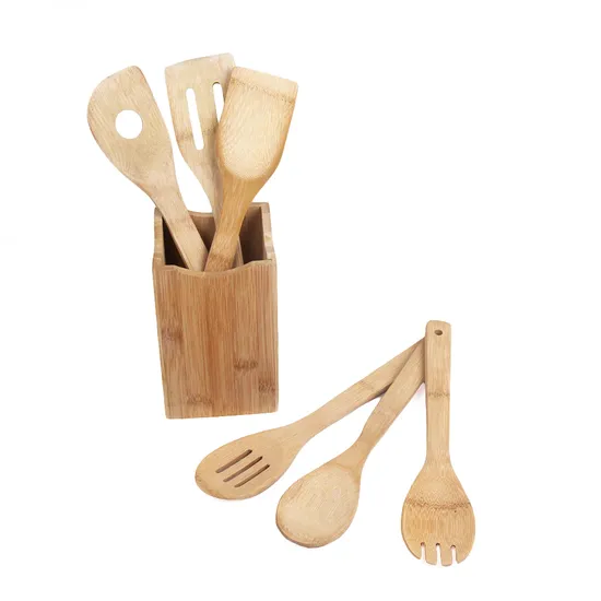 Personalice el juego de utensilios de cocina y soporte de bambú cuadrado para cocina
