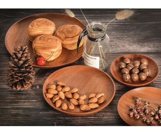 Juego de platos llanos redondos de madera para discos, frutos secos, postre, merienda