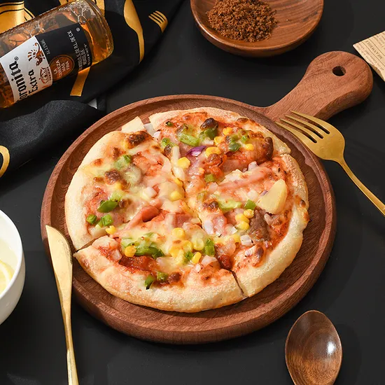 Plato/bandeja redondo personalizado de madera de ébano para servir pizza con asa
