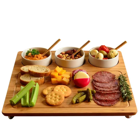 Juego de cuchillos y tabla de queso de bambú con platos de salsa de cerámica para servir queso y embutidos