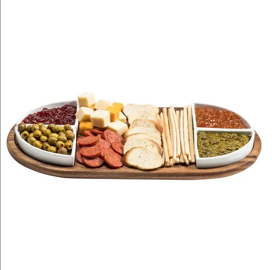 Bandeja/platos grandes de madera de acacia para servir con 3 platos cuadrados de cerámica para servir
