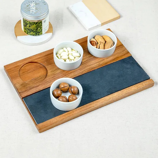 Tabla de servir rectangular de madera con pizarra y 3 vasos DIP