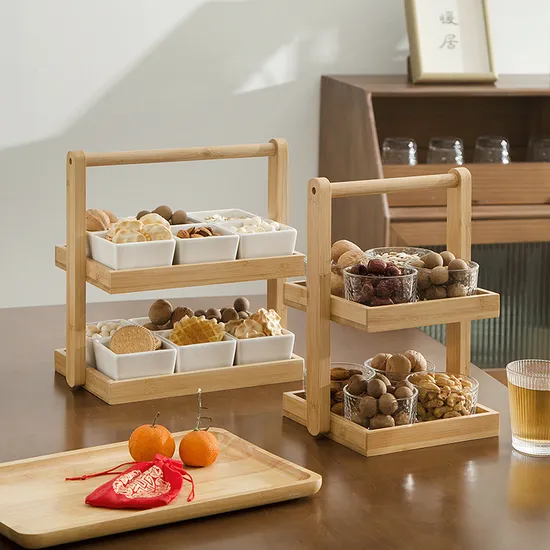 Cesta de almacenamiento de alimentos de bambú de 2 capas con asa y 12 tazones de vidrio para restaurante