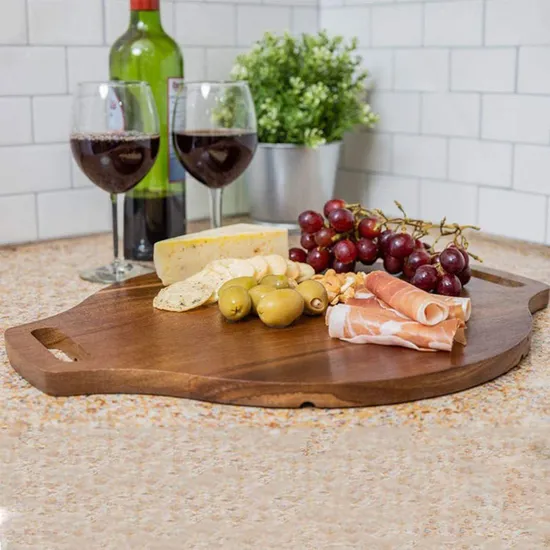 Tabla de cortar de madera redonda grande de doble cara para servir pizza con asas