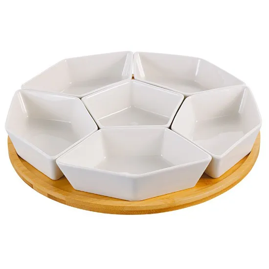 Juego de servidor para aperitivos y condimentos de cerámica blanca de 6 compartimentos con bandeja de bambú